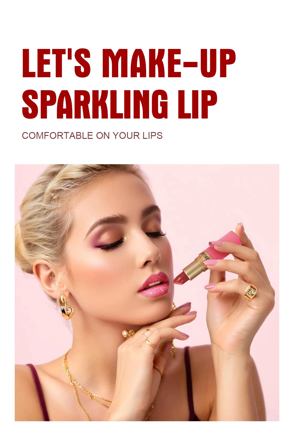 Achieve a bold and glamorous look with this pearlescent pink glitter velvet lipstick. The metallic finish adds a touch of sparkle to your lips, while the waterproof formula ensures long-lasting wear for a stunning and shimmery pout. -
