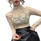 Achieve an elegant and feminine look with this long sleeve lace crochet top. The see-through design adds a touch of allure and sophistication to your outfit. -