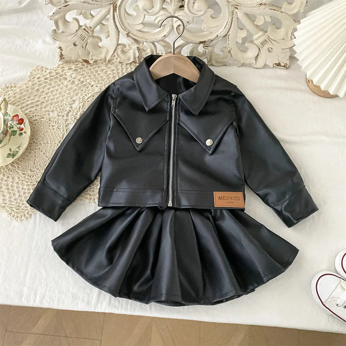 Children's Clothing Set 2025 Kids Clothes Autumn New Cool Girls Pu Leather Jacket With Short Skirt Fashion Two-Piece Outfit Set -