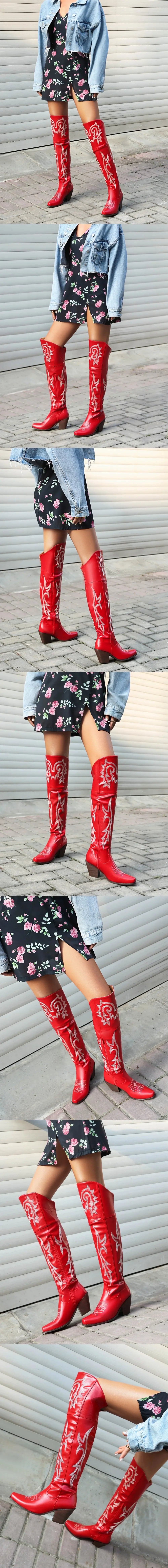 2025 Brand Plus size 43 High Quality Retro Black Block Heels Over the Knee Western Boots Vintage High Cowboy Boots Women Shoes -