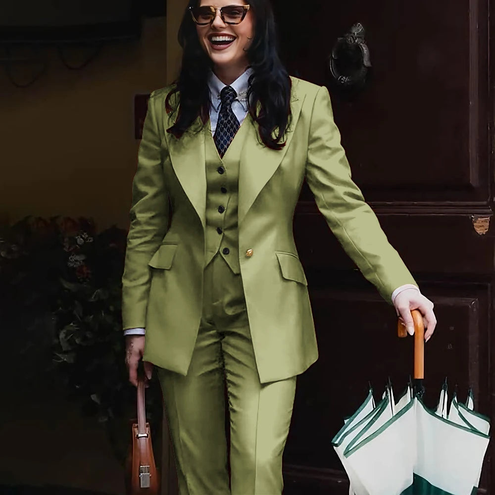 Autumn Retro Red Women's Jacket Pant Sets 3Piece Suit Single Button Peaked Lapel Blazer Formal Office Professional Outerwears -