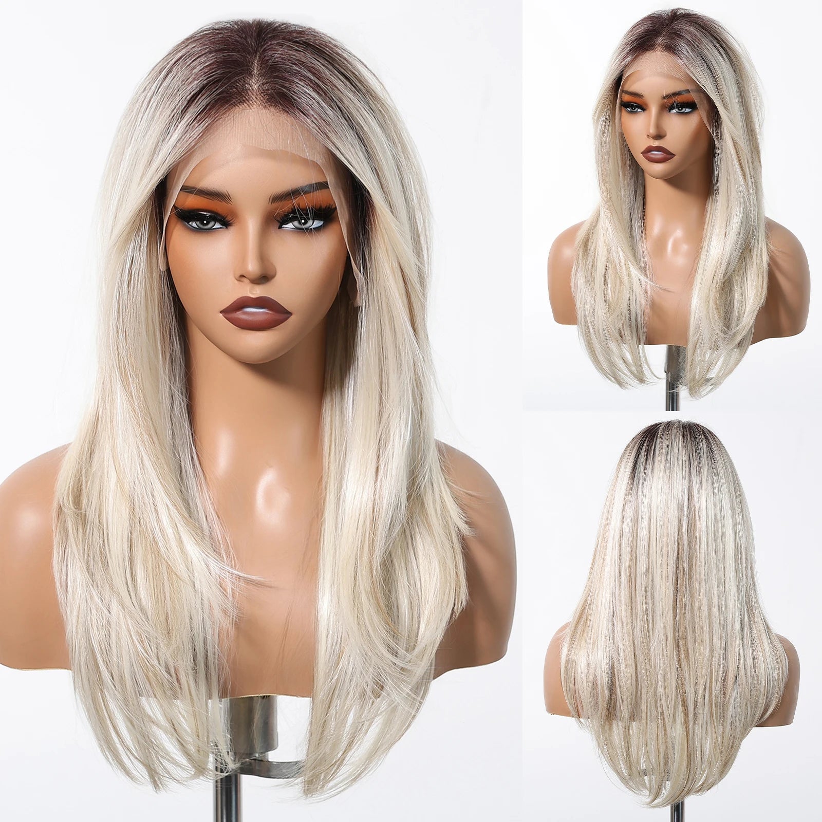Glow with confidence wearing this ombre blonde platinum 13x6 lace frontal wig—long, straight, heat-resistant, and designed for a natural hairline, perfect for daily wear! -
