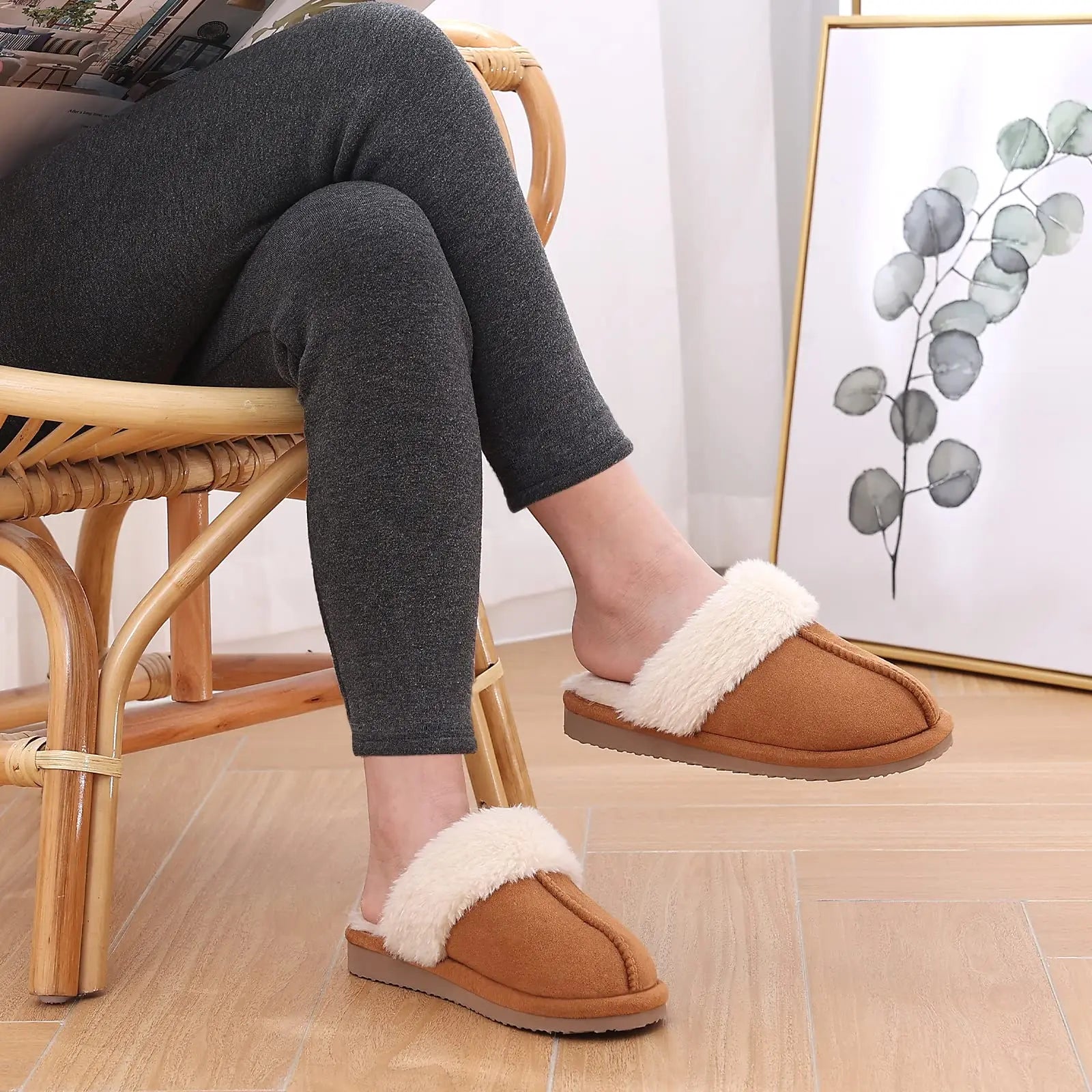 Evshine Women Plush Cotton Slippers Winter Indoor Warm Soft House Slipper Comfort Memory Foam Slides Outdoor Fur Fuzzy Flat Shoe -