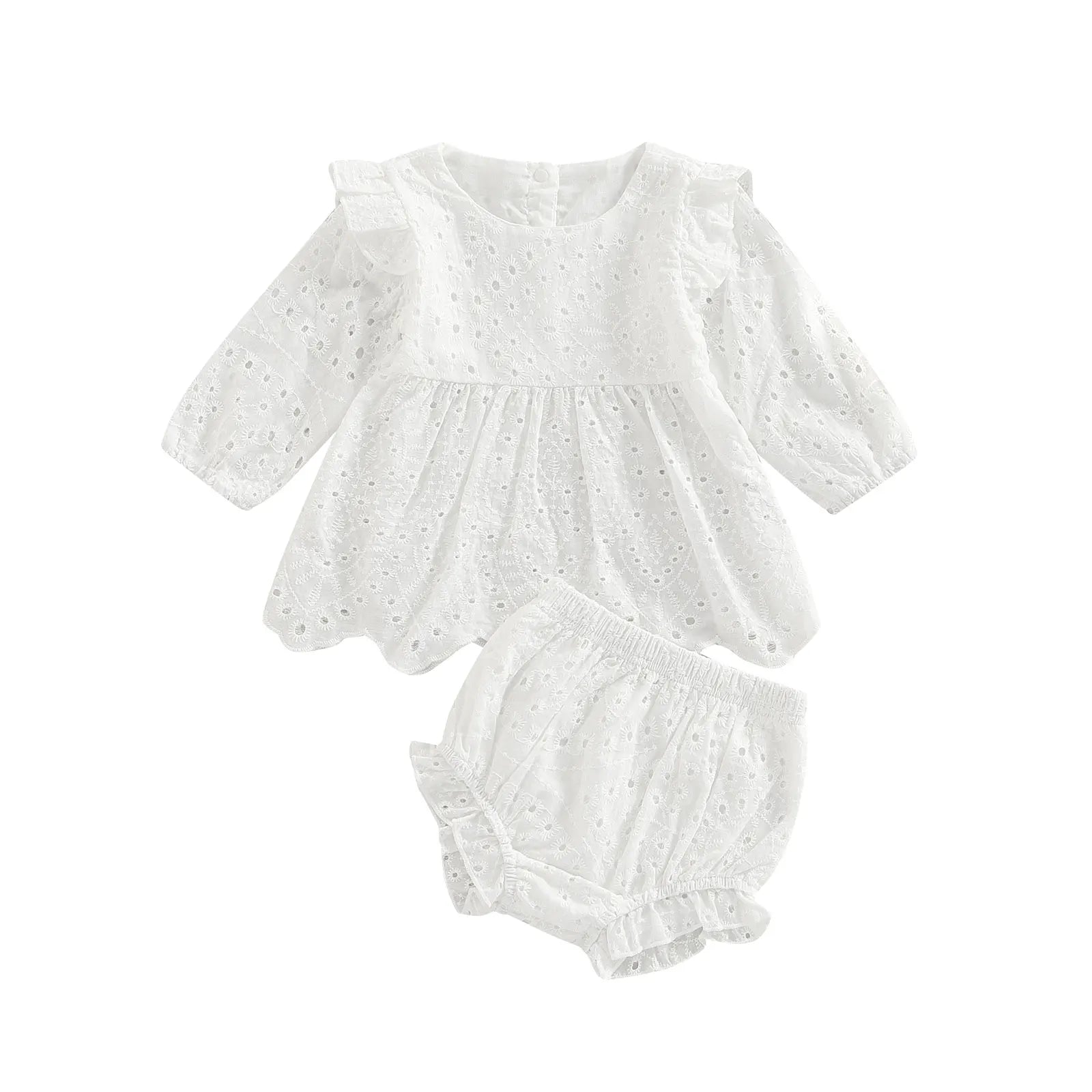 Keep your toddler cozy and cute in this 2-piece set featuring a solid color cutout round neck long sleeve top and matching bottoms—perfect for baby girls 3-24m! -