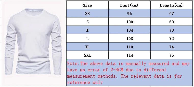 Men's 100% pure cotton long sleeved T-shirt top -