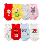 Keep your baby boy cool and comfy with this cotton sleeveles outfit featuring adorable cartoon bodysuit pajamas perfect for playtime and sleep! -