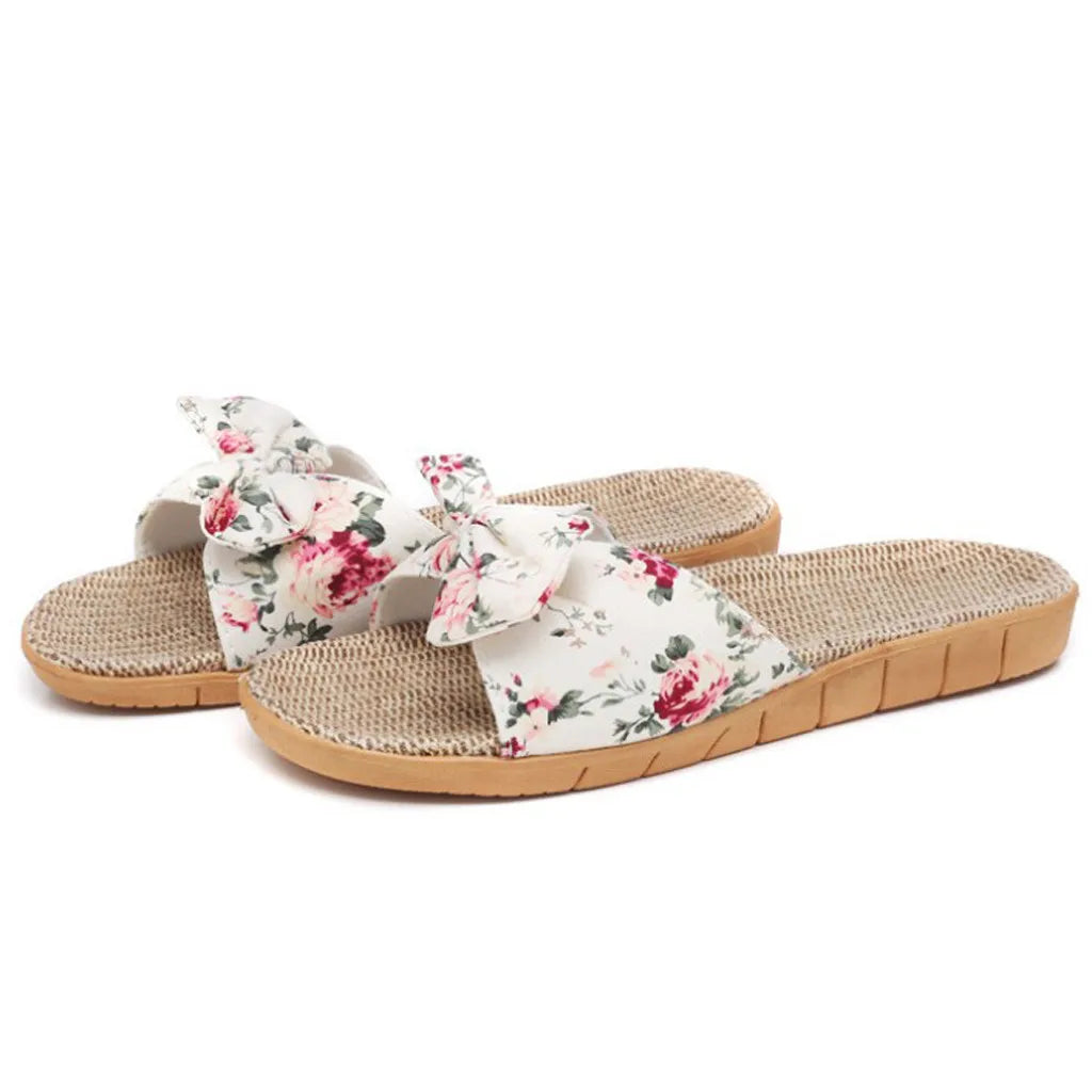 Ladies' Bohemian Style Bow Flower Linen Slippers Sandals Beach Shoes Home Shoes Beach Slippers Indoor Non Slip Shoes 2024 -