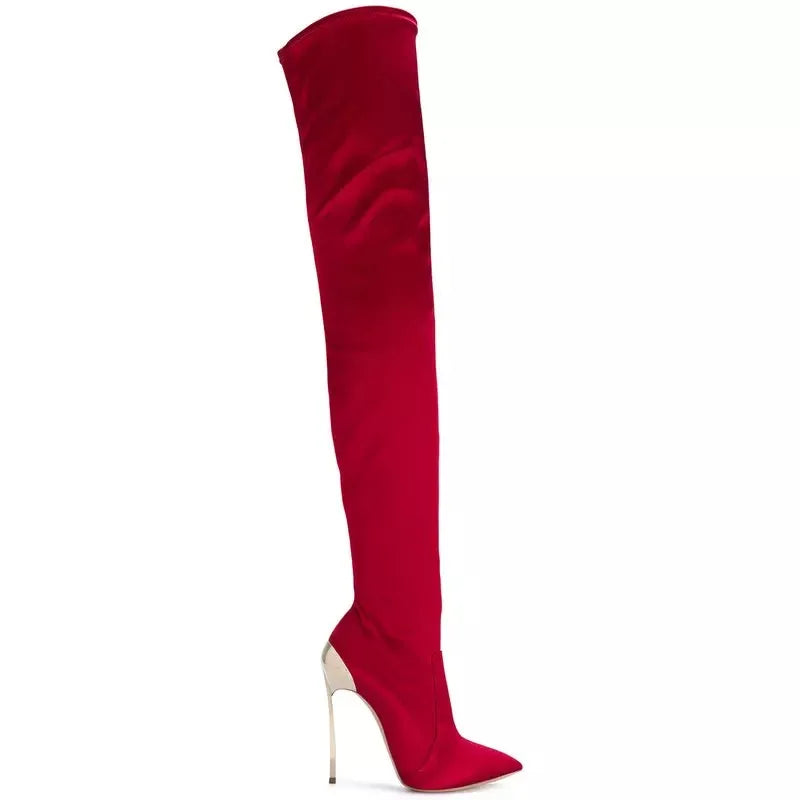 Arden Furtado 2025 Autumn Stretch boots Metal stiletto heels Over the knee boots Pointed Toe Super high heel thigh high boots 41 -