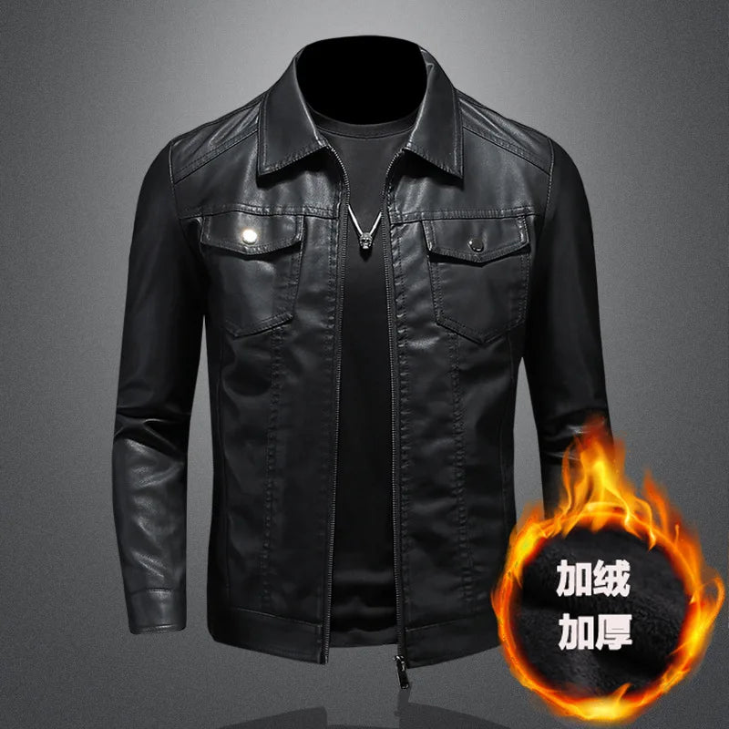 Men's Motorcycle Leather Jacket Large Size Pocket Black Zipper Lapel Korean Slim Fit Male High Quality PU Leather Coat for Men -