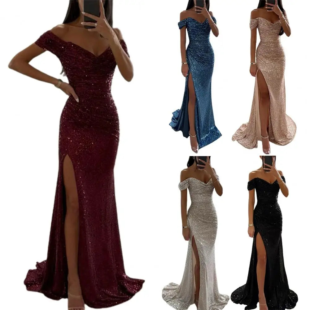 Dazzle in style with this sequin pleated maxi dress featuring short sleeves and a waist-tight silhouette—perfect for showcasing sophistication and glamour! -