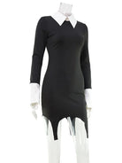 Turn-down Collar Solid Patchwork Long Sleeve Dress -
