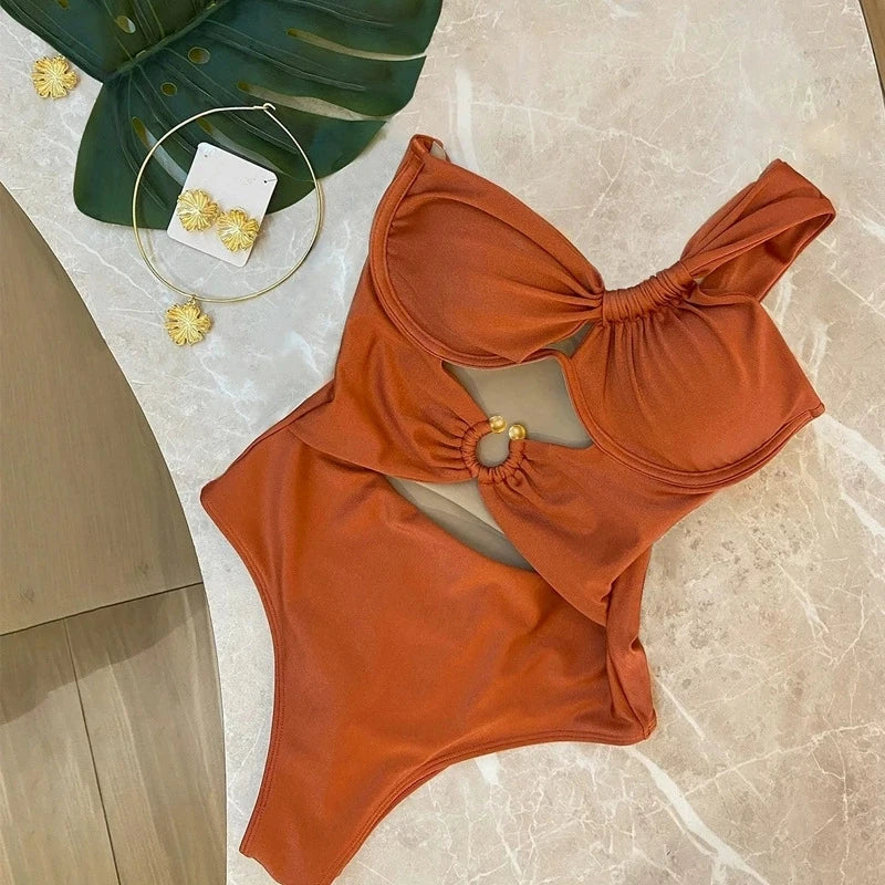 One Shoulder Swimsuit Women Swimwear 2025 Sexy Bikinis Female Biquini Hollowen Swim Suits Cut Out Bodysuit Bathingsuit Beachwear -