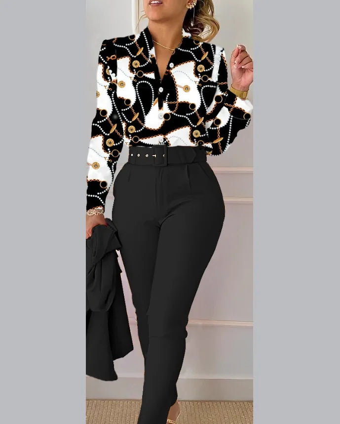 Casual Long Sleeve Shirt Pants Set -