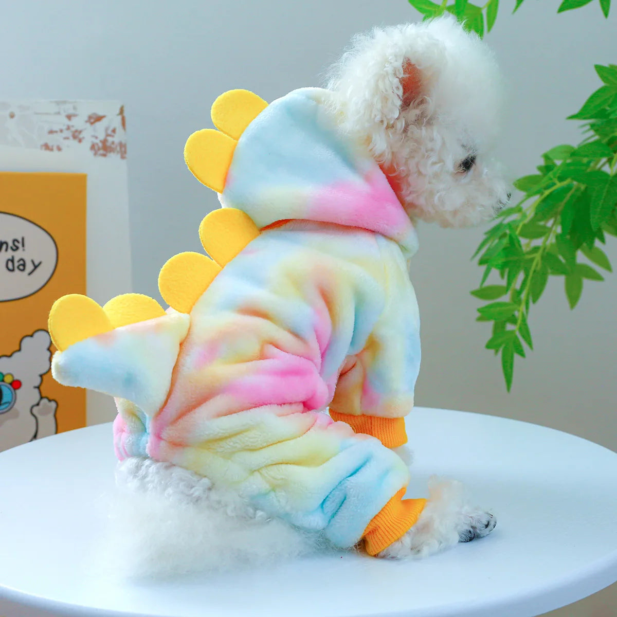Dress your pet in adorable dinosaur-themed clothes to keep them warm and cozy. -