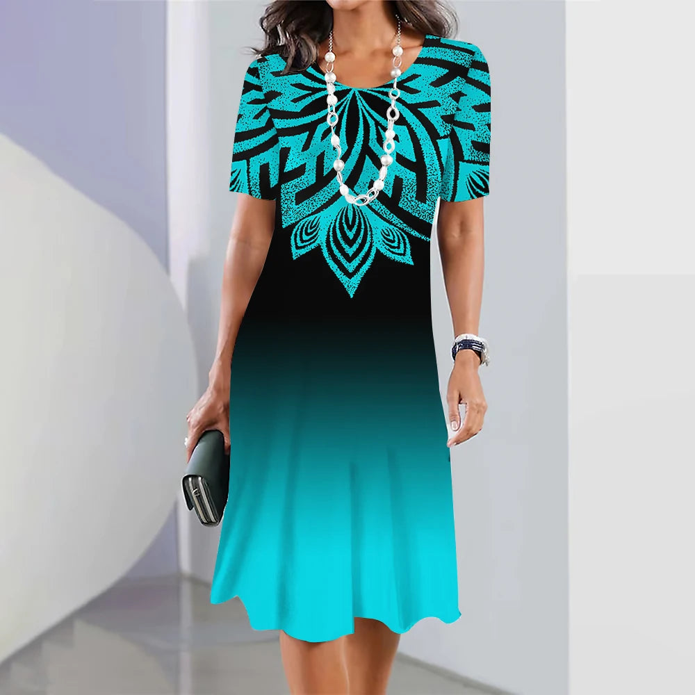 New Women's Dresses Striped Printed Elegant Casual O Neck Short Sleeve Summer Dresses Fashion Ladies Plus Size Clothing Vestidos -