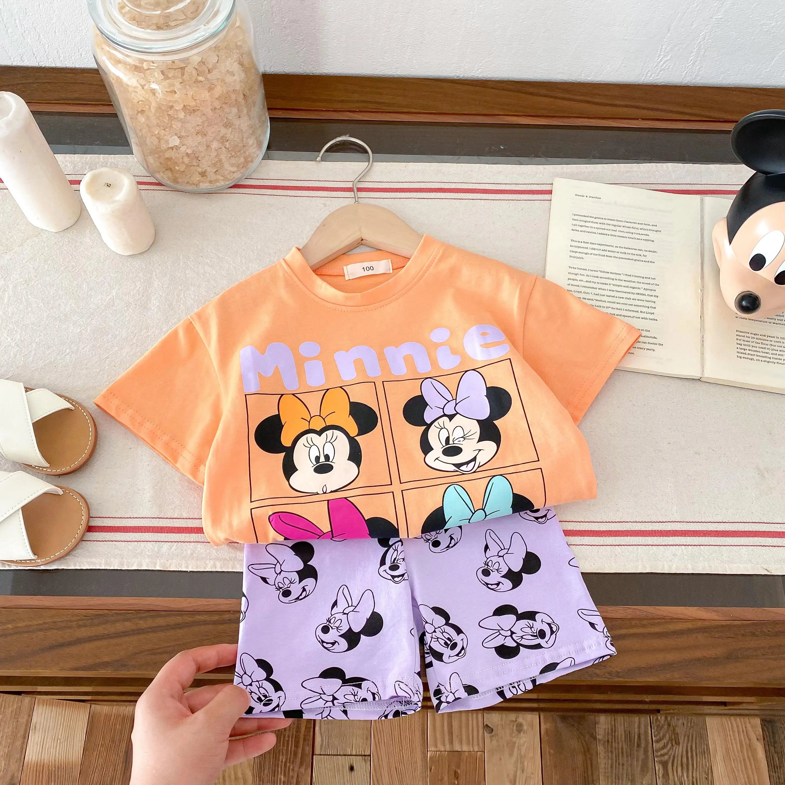 Girls Child Suits Cartoon TShirt Solid Color Shorts 2pcs Short Sleeve Tracksuits Outer Wear Kids Casual Cute Black Tees Outfit -