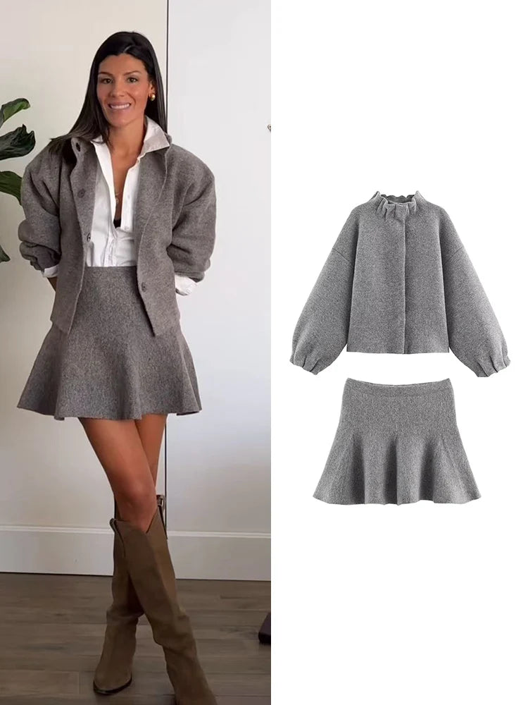 Women's Knitted Mini Skirt Set Long Sleeve -