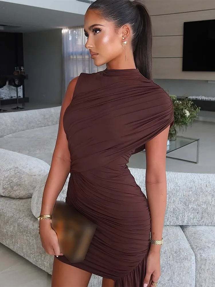 Elegant Women Pleated Irregular Patchwork Maxi Dress Chic Long Sleeve High Neack Dresses 2025 Summer Turtleneck Party Prom Gowns -