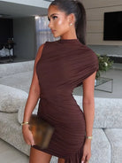 Elegant Women Pleated Irregular Patchwork Maxi Dress Chic Long Sleeve High Neack Dresses 2025 Summer Turtleneck Party Prom Gowns -