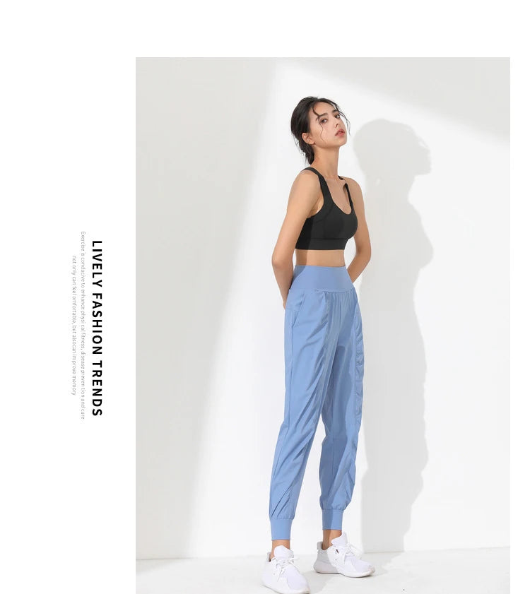 Woman Yoga Pants Hem Bound Running Fitness Loose Slim Quick-Dry Yoga Pants Pleated Capris Pockets Jogging Pants Sports pants -