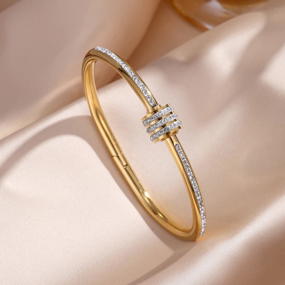 5/1pcs Sparkling Zirconia Inlaid Stainless Steel Bracelet Set -