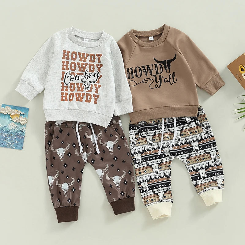 2pcs Autumn Causal Baby Boys Clothes Sets 0-3Y Long Sleeve Letter Cow Bull Print Sweatshirt Tops Drawstring Pants -