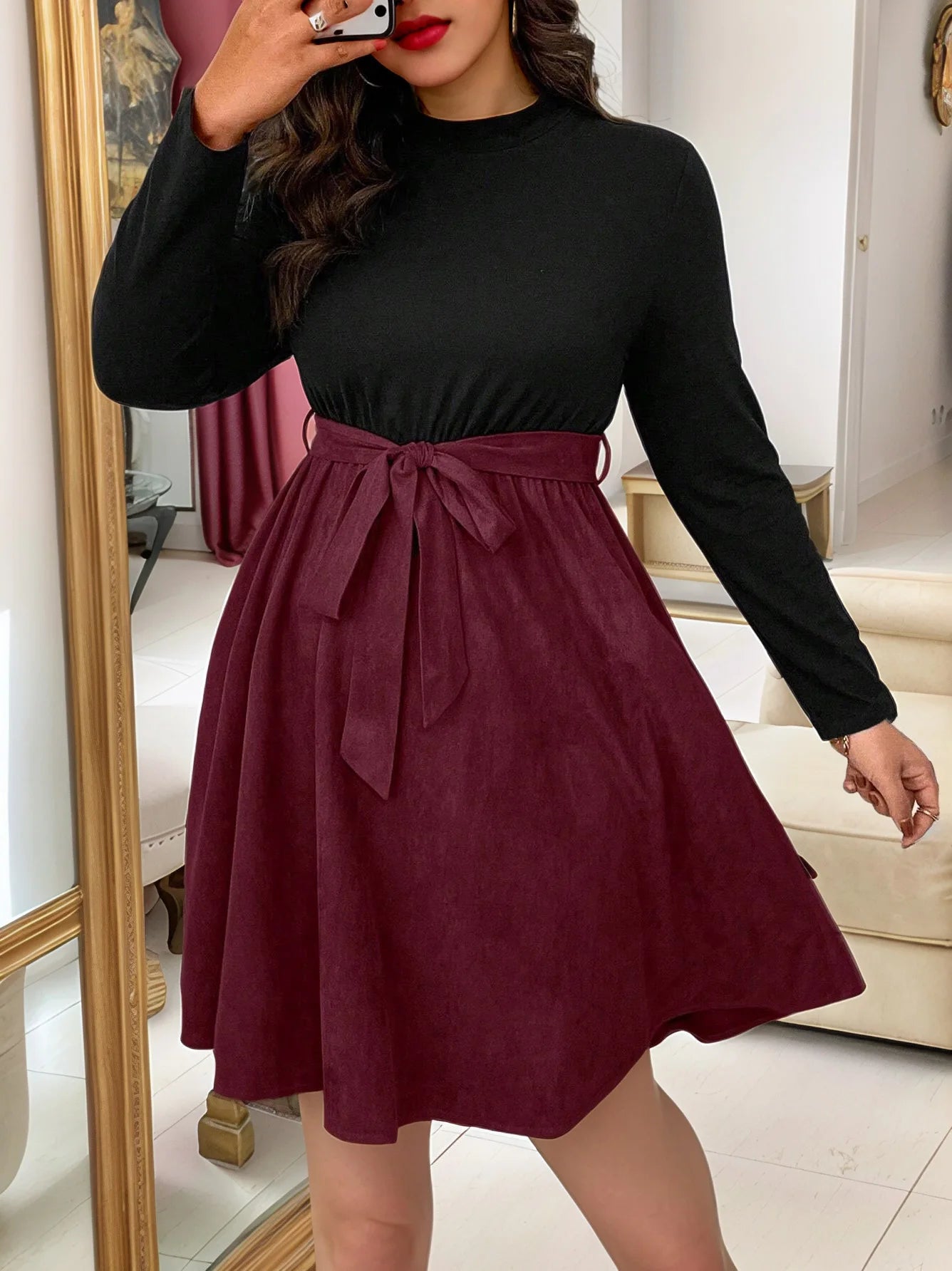 Women's patchwork dress with two-color waistband, plus size, autumn and winter, large size, double-color belt, A-line dress, can -
