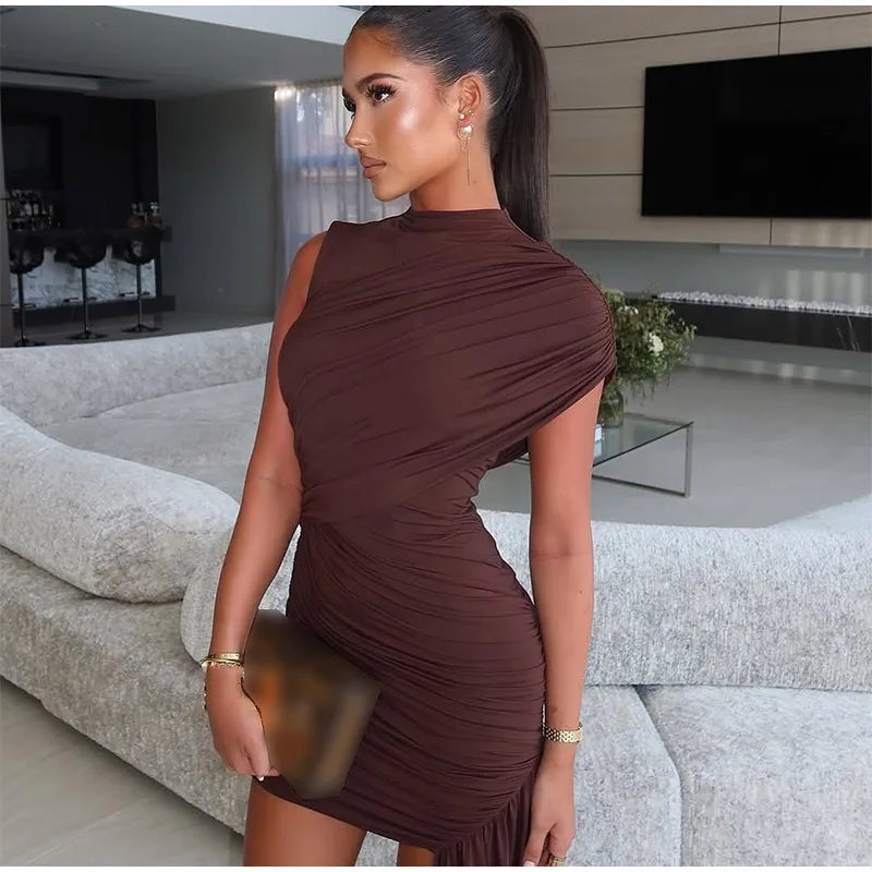 Elegant Women Pleated Irregular Patchwork Maxi Dress Chic Long Sleeve High Neack Dresses 2025 Summer Turtleneck Party Prom Gowns -