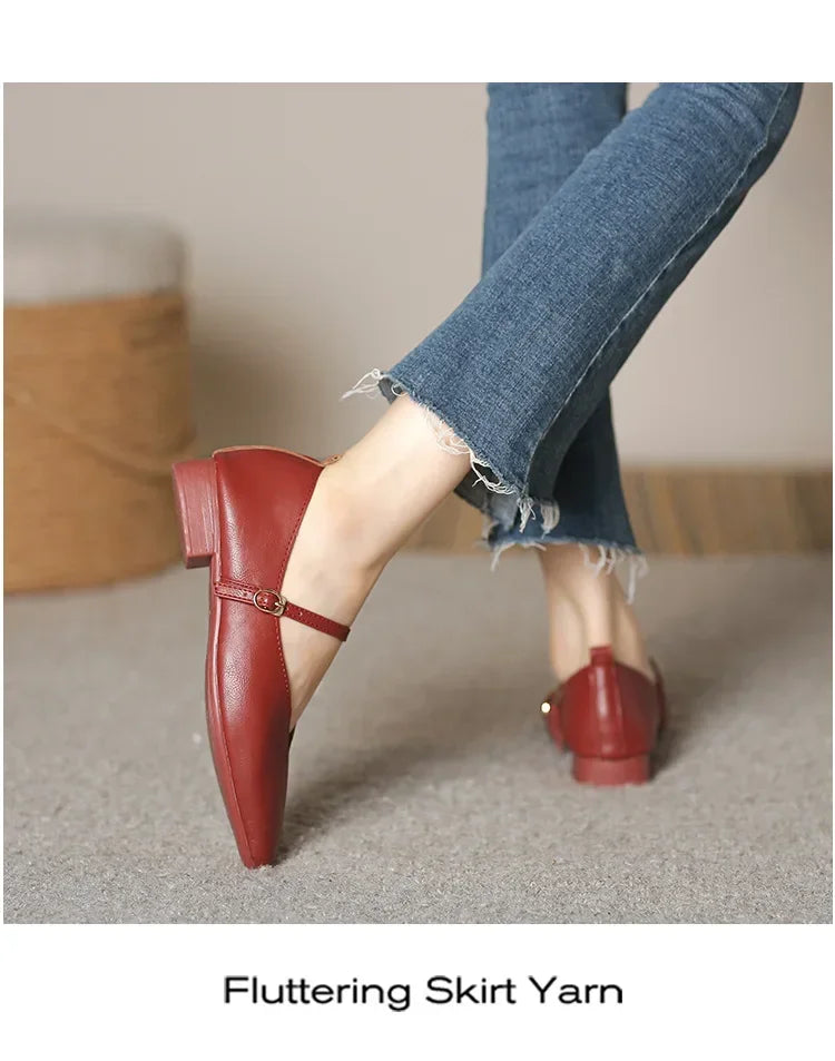 Woman Spring Casual Square Toe Low Soft Soled Shoes Lolita Ballerina Red Flats Female Elegant French Retro Buckle Mary Janes -