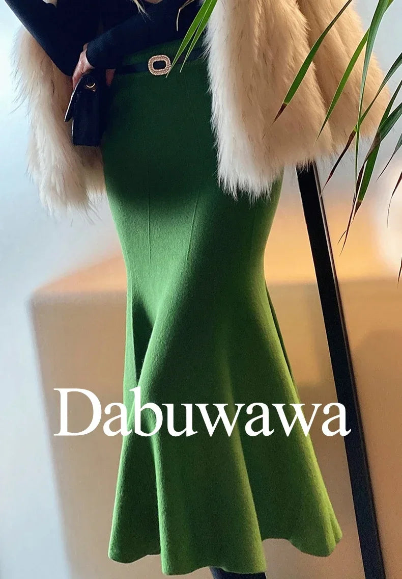 Women's Skirts Knitted Long Skirts for Women Fashion 2025 Autumn Winter Solid Color Green Vintage Slim A-LINE Skirts for Woman -