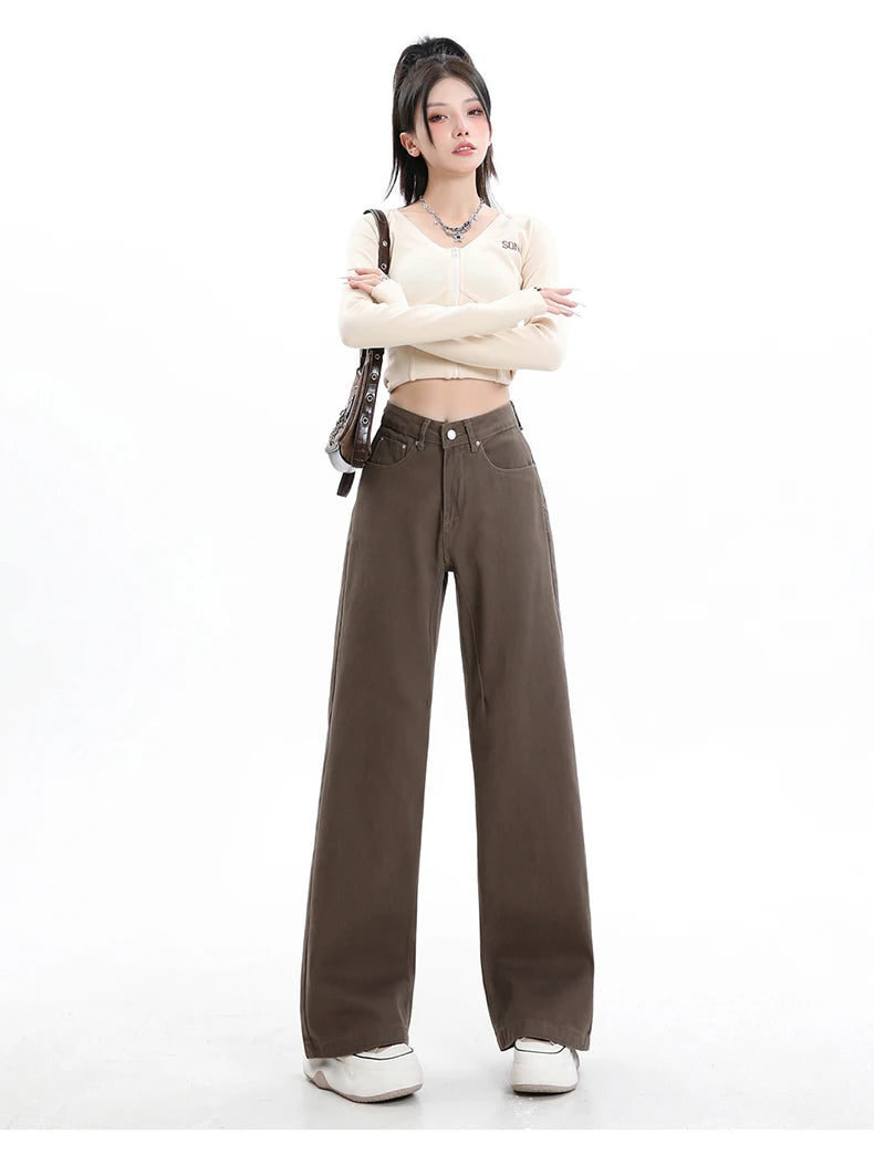 Rock the urban vibe with these baggy, high-street fashion, straight brown jeans for women! -