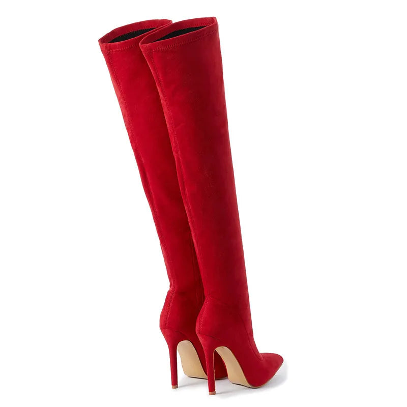 Eilyken Sexy Fashion Pointed Toe Over-The-Knee Boots Women Red Zipper High Heels Shoes Winter Striptease Motorcycle Long Botas -