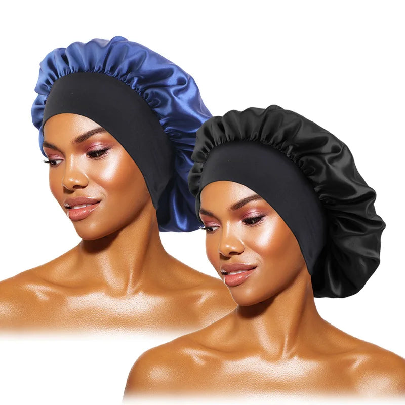 Protect your hair in style with these satin solid bonnets. Featuring a wide-brim design, these hats are perfect for night sleeping or bathing and are suitable for both men and women. -