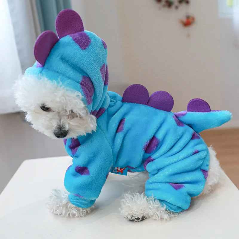Dress your pet in adorable dinosaur-themed clothes to keep them warm and cozy. -