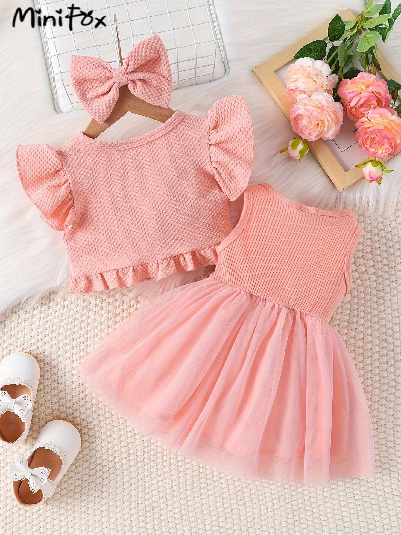 Dress your little princess in style with this pink waffle cardigan and embroidered dress set—perfect for ages 1-2 years and adding a cozy, elegant touch! -