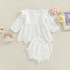 Keep your toddler cozy and cute in this 2-piece set featuring a solid color cutout round neck long sleeve top and matching bottoms—perfect for baby girls 3-24m! -