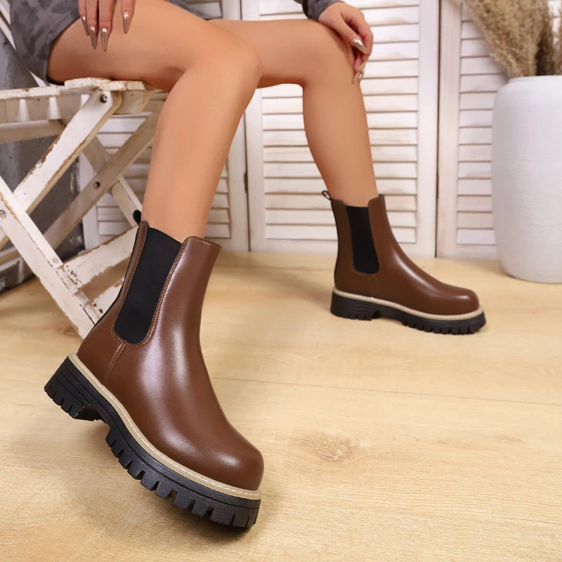 Shoes for Women Autumn and Winter New Round Toe Low Heel Women Boots Chelsea Motorcycle Boots Solid Color Casual Women Shoes 43 -