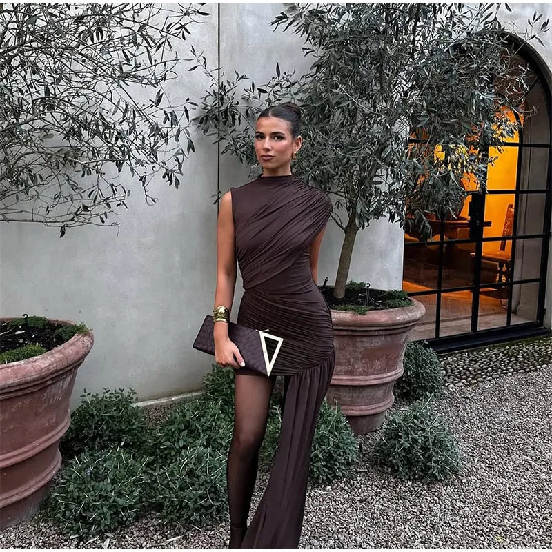 Elegant Women Pleated Irregular Patchwork Maxi Dress Chic Long Sleeve High Neack Dresses 2025 Summer Turtleneck Party Prom Gowns -