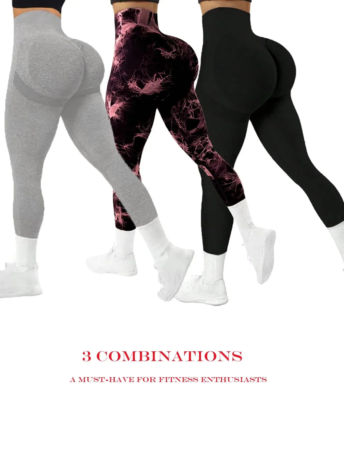 Three pairs of seamless high-waist yoga trousers, solid color + tie-dye combination, perfect for yoga, gym and running. -