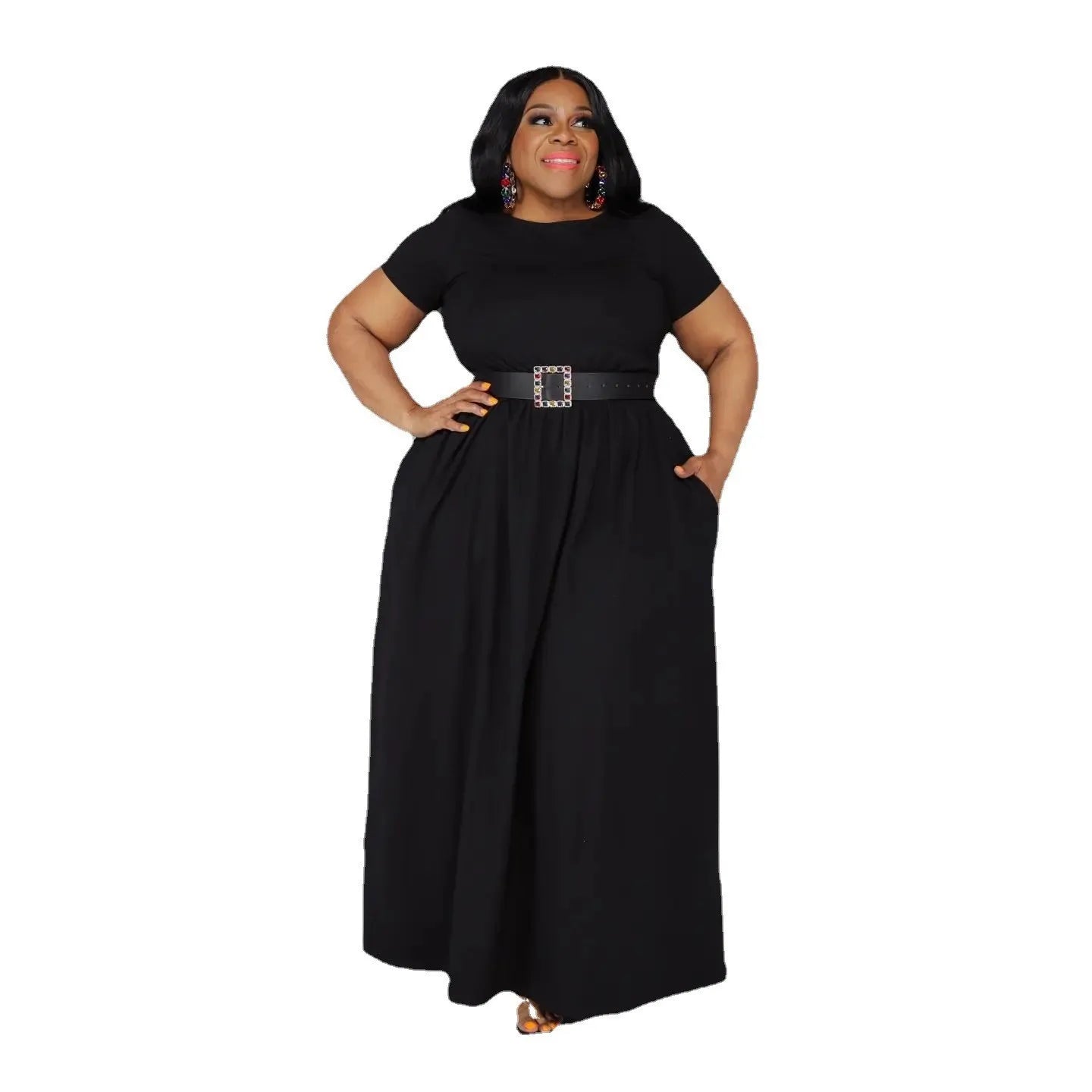 Plus Size Women Casual Dress Loose Solid Color High Waisted Short-sleeved Round Collar Ladies Dresses 4XL 5XL -