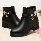 Winter Boots Women's Waterproof Warm Leather Mother Cotton Boots Fashion Black Mid heel Plush Snow Boots Soft Sole Short Boot -