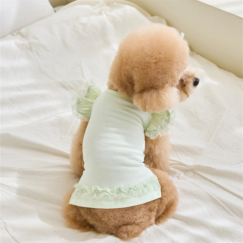 Dress up your furry friend in adorable style with this green lace ruffle shirt dress—perfect for small dogs and kittens to look cute and stylish during the summer season! -