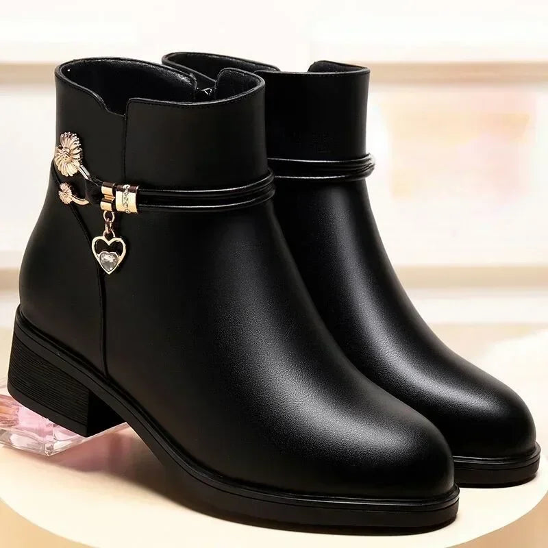 Winter Boots Women's Waterproof Warm Leather Mother Cotton Boots Fashion Black Mid heel Plush Snow Boots Soft Sole Short Boot -