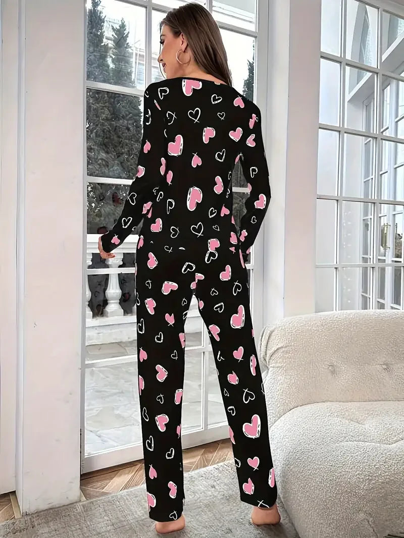 Heart Print Ribbed Frill Trim Pajama Set for Women Sleepwear Knitted Round-Neck Loose Tops Elastic Long Pants Loungewear -