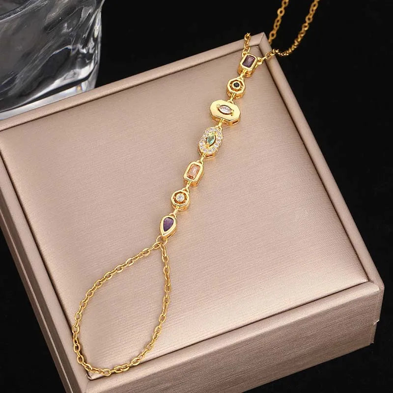 Stainless Steel Colorful Crystal Hand Chain Bracelet -