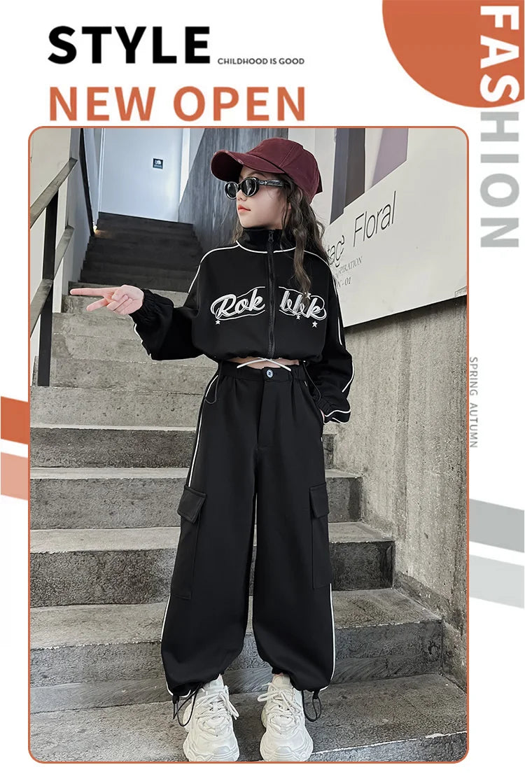 Teen children clothes Girl Dance Clothes Set Short Zipper Coat+Pants 2pcs Kids suit Tracksuits Clothing outfits 5 6 7 9 11 13 15 -