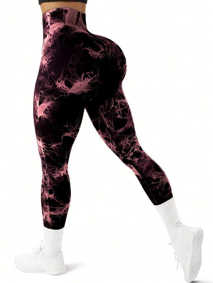 Three pairs of seamless high-waist yoga trousers, solid color + tie-dye combination, perfect for yoga, gym and running. -