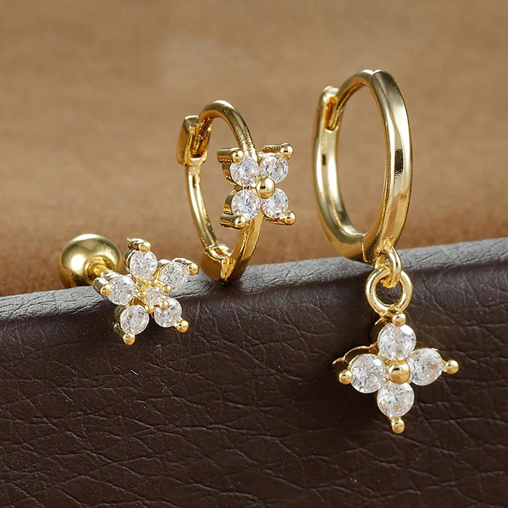 3PCS Stainless Steel Zircon Flower Earring Set for Women -