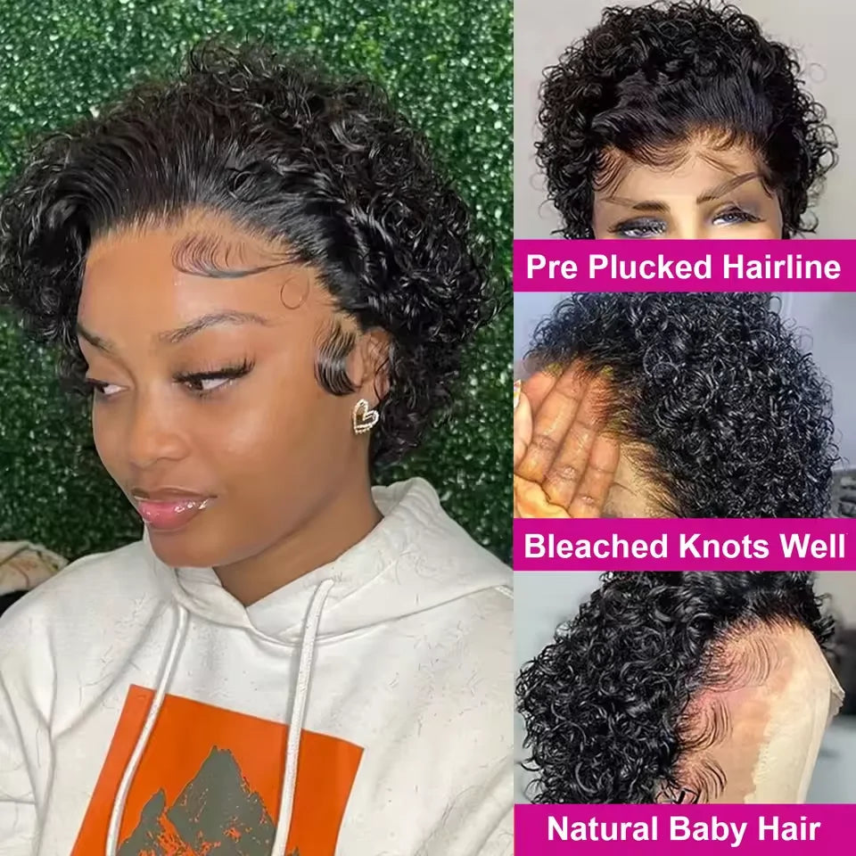 Achieve a natural look with this lace frontal short kinky curly bob wig. Made from Brazilian water wave hair, this trendy hairstyle is perfect for a stylish and fashionable appearance. -