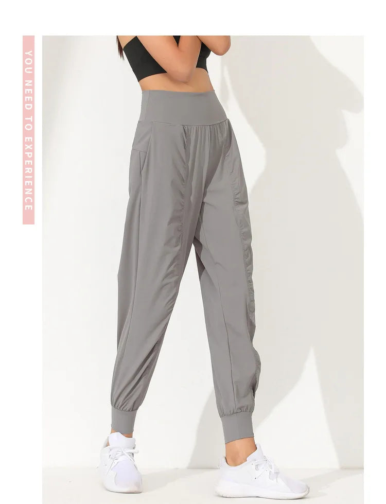 Woman Yoga Pants Hem Bound Running Fitness Loose Slim Quick-Dry Yoga Pants Pleated Capris Pockets Jogging Pants Sports pants -
